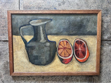 Load image into Gallery viewer, French Mid Century abstract still life oil painting on board of oranges with jug.