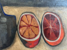Load image into Gallery viewer, French Mid Century abstract still life oil painting on board of oranges with jug.