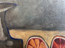 Load image into Gallery viewer, French Mid Century abstract still life oil painting on board of oranges with jug.