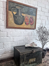 Load image into Gallery viewer, French Mid Century abstract still life oil painting on board of oranges with jug.