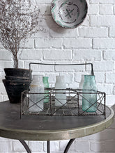 Load image into Gallery viewer, French Vintage early 20th Century wire bottle carrier holder with opaque coloured glass bottles