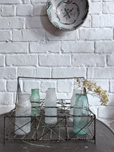 Load image into Gallery viewer, French Vintage early 20th Century wire bottle carrier holder with opaque coloured glass bottles