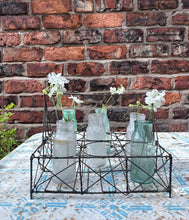 Load image into Gallery viewer, French Vintage early 20th Century wire bottle carrier holder with opaque coloured glass bottles