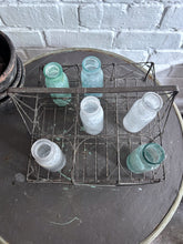 Load image into Gallery viewer, French Vintage early 20th Century wire bottle carrier holder with opaque coloured glass bottles