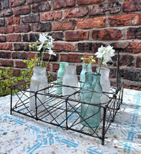 Load image into Gallery viewer, French Vintage early 20th Century wire bottle carrier holder with opaque coloured glass bottles