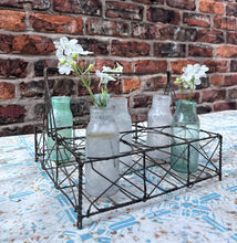 Load image into Gallery viewer, French Vintage early 20th Century wire bottle carrier holder with opaque coloured glass bottles
