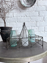 Load image into Gallery viewer, French Vintage early 20th Century wire bottle carrier holder with opaque coloured glass bottles