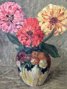 French antique 1928 Floral still life oil painting on board framed