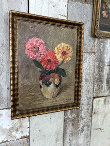 French antique 1928 Floral still life oil painting on board framed