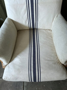 French antique Louis III deconstructed arm chair in cream blue ticking stripe fabric