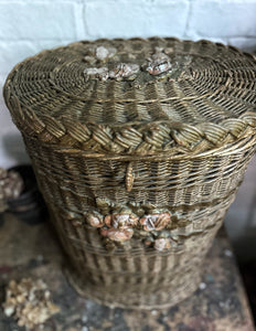 French antique barbola tall lidded gold wicker basket