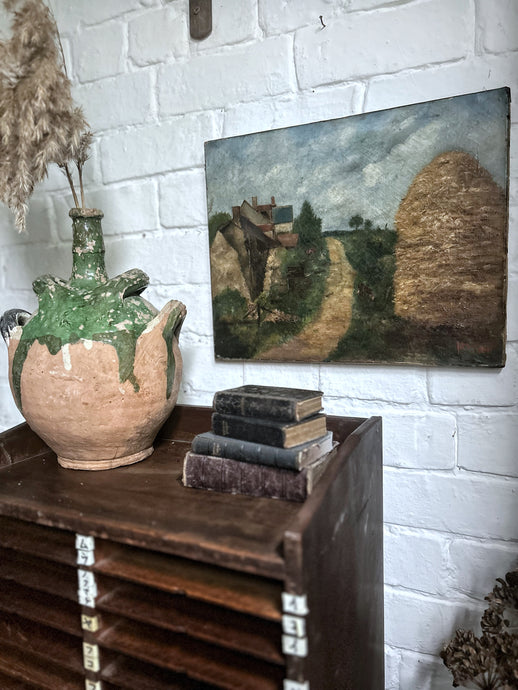 French antique early 20th Century landscape oil painting on canvas signed and dated 1924