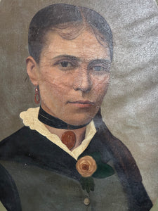 French late 19th Century Antique female portrait oil painting on canvas