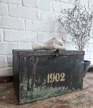 Load image into Gallery viewer, French pressed metal numbered dated 1902 deed storage box