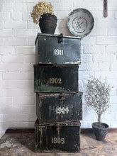 Load image into Gallery viewer, French pressed metal dated numbered 1905 deed storage box