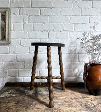 Load image into Gallery viewer, Vintage French demi lune bobbin tripod 3 legged wooden stool