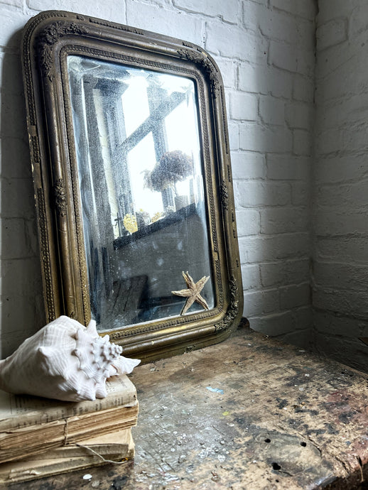 French antique 19th Century plaster gilded gold mirror with mercury glass plate