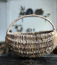 Load image into Gallery viewer, Antique French woven willow market foraging basket with steamed wooden handle