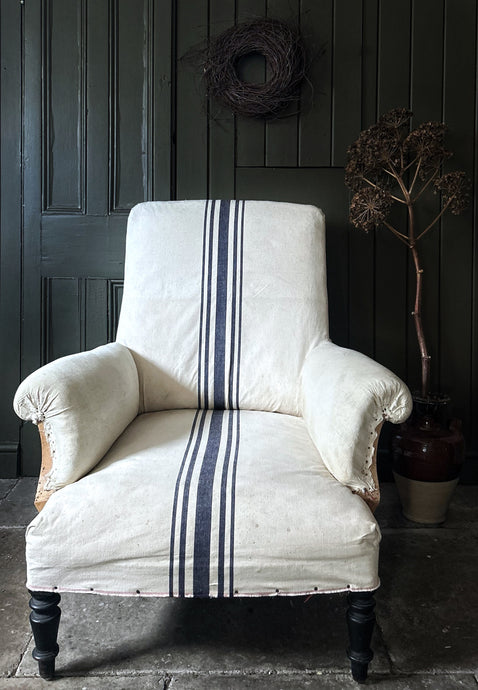 French antique Louis III deconstructed arm chair in cream blue ticking stripe fabric