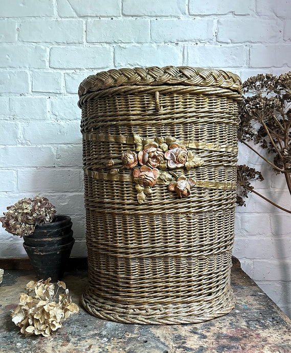 French antique barbola tall lidded gold wicker basket