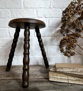 French antique dark wooden three legged bobbin stool
