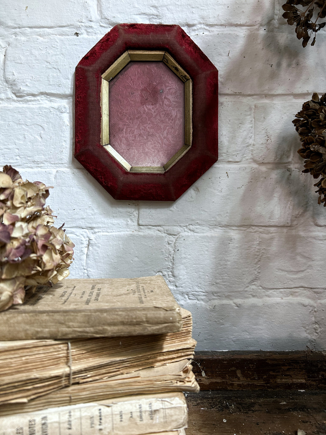 French antique red velvet hexagonal photo picture frame