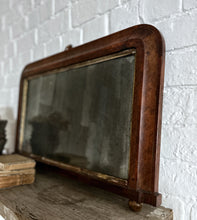 Load image into Gallery viewer, French antique teak mirror with mixed wood inlay and gilt border over mantle mirror