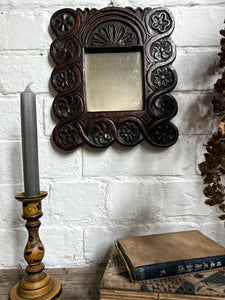 French  arts and crafts antique dark wooden carved mirror
