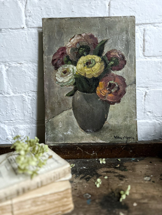 French floral still life vintage oil painting on board signed