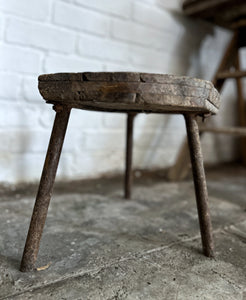 A Vintage French Industrial factory workshop wooden stool with metal tripod legs