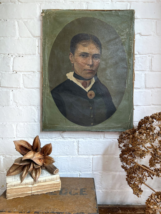French late 19th Century Antique female portrait oil painting on canvas