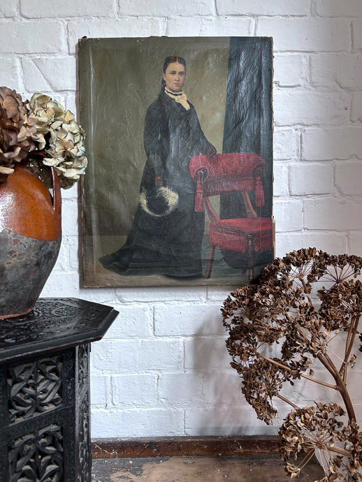 French late 19th Century Antique society lady oil painting portrait on canvas
