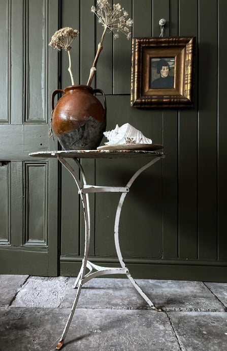 Vintage French metal Arras style white painted garden bistro side table