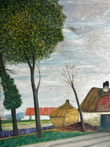 Vintage French rural naive landscape oil painting on canvas signed and dated 1932