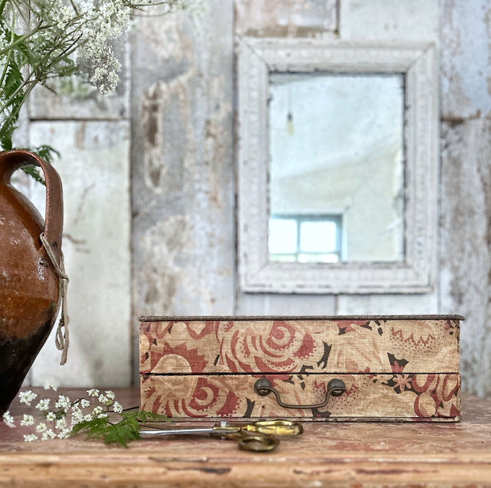 French vintage 1930's floral fabric covered storage box with drawer