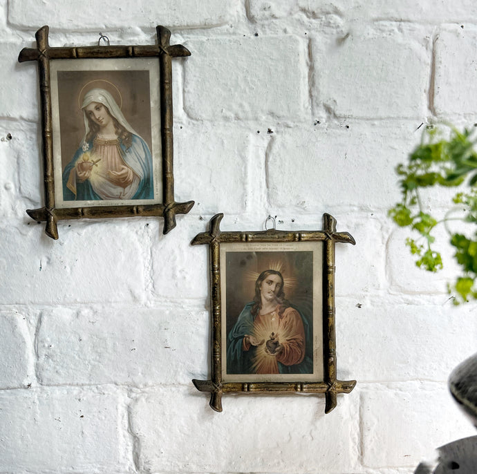 French vintage sacred heart religious  prints in brass oxford cross frames