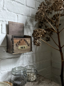 An antique French wooden wall hung Salt box