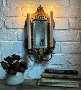 French Antique wooden & brass Girondole wall mirror candle sconce