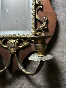 French Antique wooden & brass Girondole wall mirror candle sconce