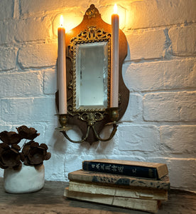 French Antique wooden & brass Girondole wall mirror candle sconce