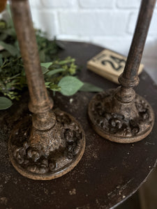 Pair Antique solid cast iron pillar prickett candles black rusty patina