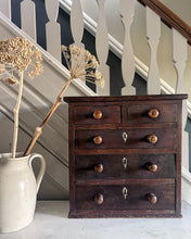 Load image into Gallery viewer, Georgian antique mahogany table top chest of drawers with inlaid bone escutcheons