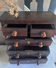 Load image into Gallery viewer, Georgian antique mahogany table top chest of drawers with inlaid bone escutcheons