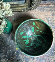 Load image into Gallery viewer, Green Hand painted studio pottery terracotta bowl on pedestal