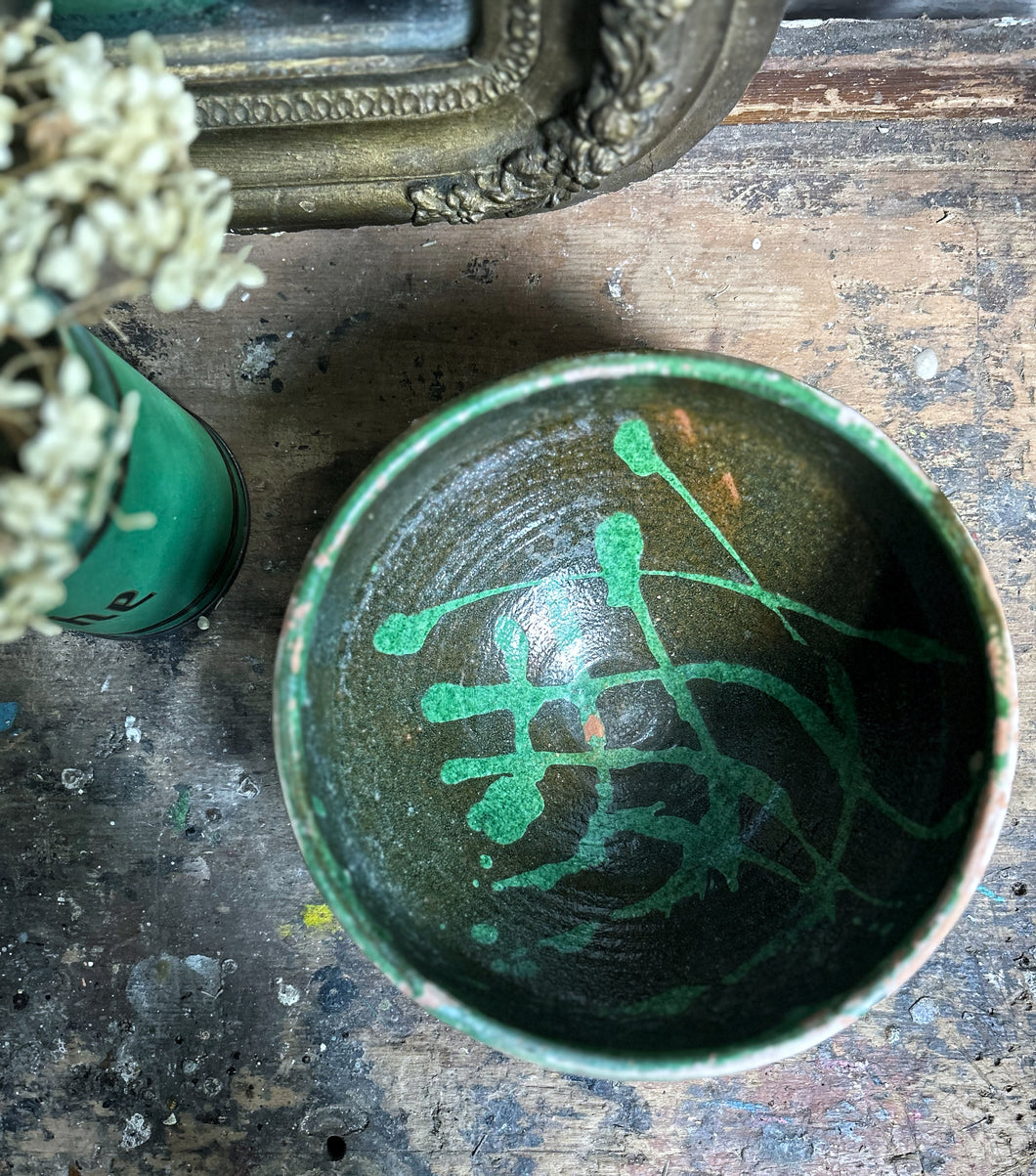 Green Hand painted studio pottery terracotta bowl on pedestal