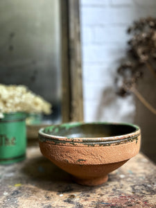 Green Hand painted studio pottery terracotta bowl on pedestal