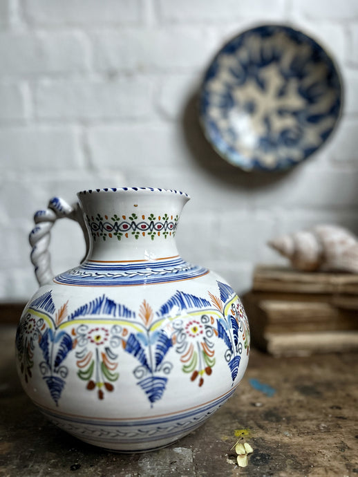 Hand painted Vintage Spanish studio pottery jug pitcher with plaited handle