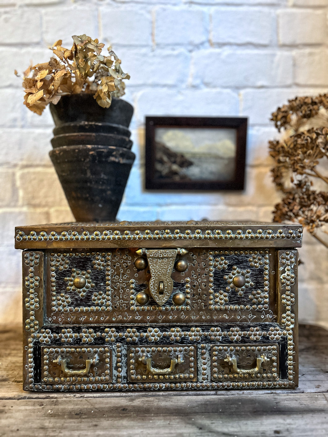 Hardwood Camphorwood brass metal studded Zanzibar spice chest with 3 drawers