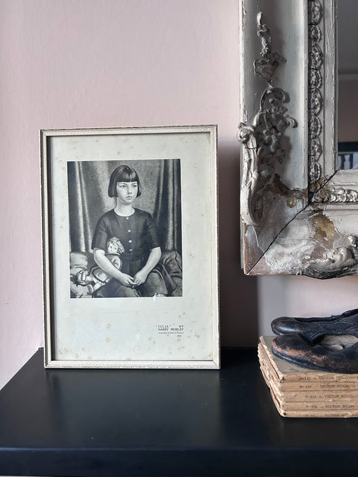 Harry Morley 1930's girl with doll original book plate print in vintage frame