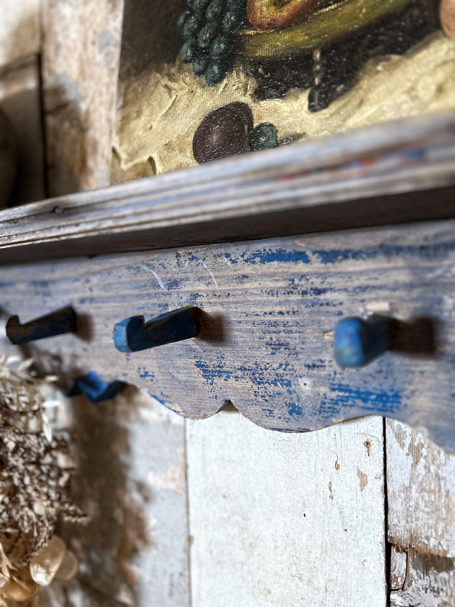 A Blue Painted Hungarian primitive wooden peg coat rack with shelf ...